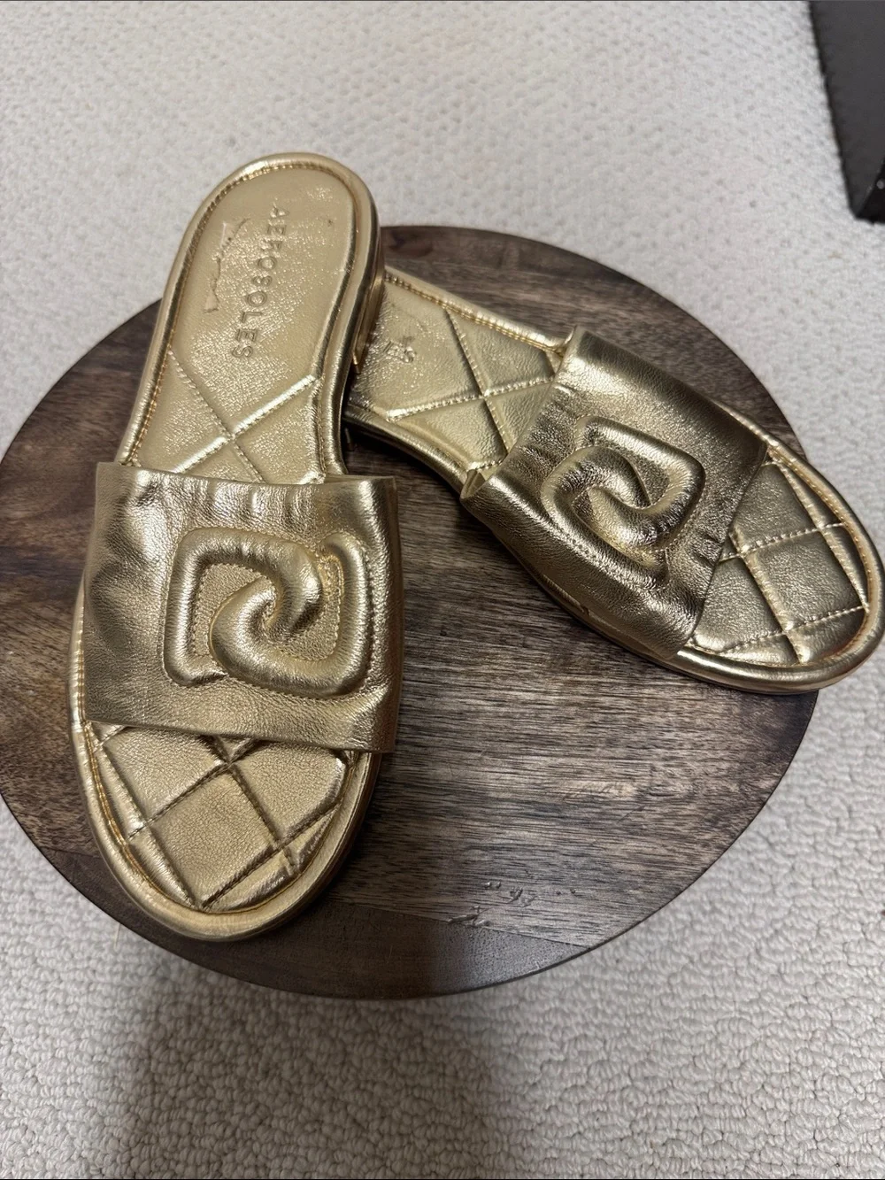 AEROSOLES Metallic Gold Quilted Slide Sandals with Padded Strap
